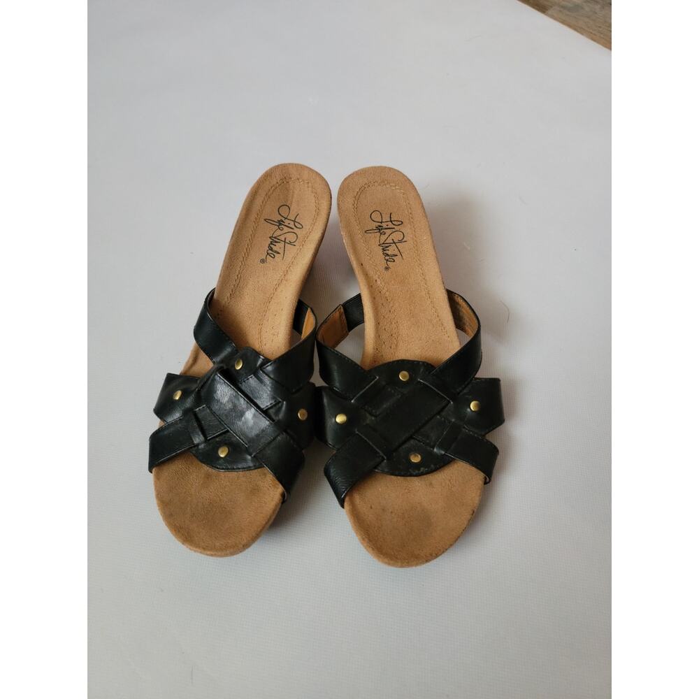Lifestride Nile black faux leather sandals wedge comfort shoe‎ size 9 W